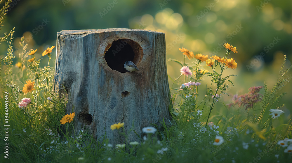 Fototapeta premium Hollowed-out tree stump used as a birdhouse, surrounded by nature, creating a charming rustic outdoor scene