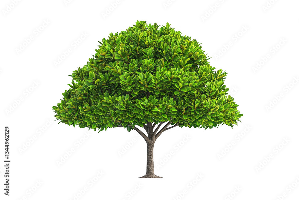 Large lush green tree with a broad canopy standing prominently on a pristine white background, showcasing its vibrant foliage and sturdy trunk details, perfect for design or educational purposes Large lush green tree with a broad canopy standing prominently on a pristine white background, showcasing its vibrant foliage and sturdy trunk details, perfect for design or educational purposes