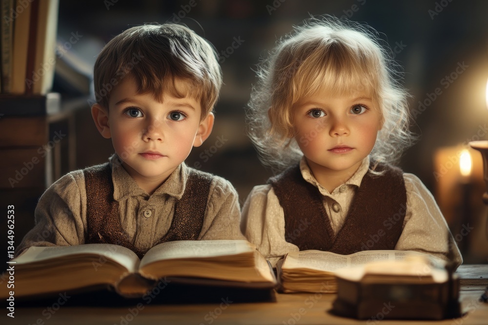 Adorable youngsters sit on the library floor reading books Adorable youngsters sit on the library floor reading books