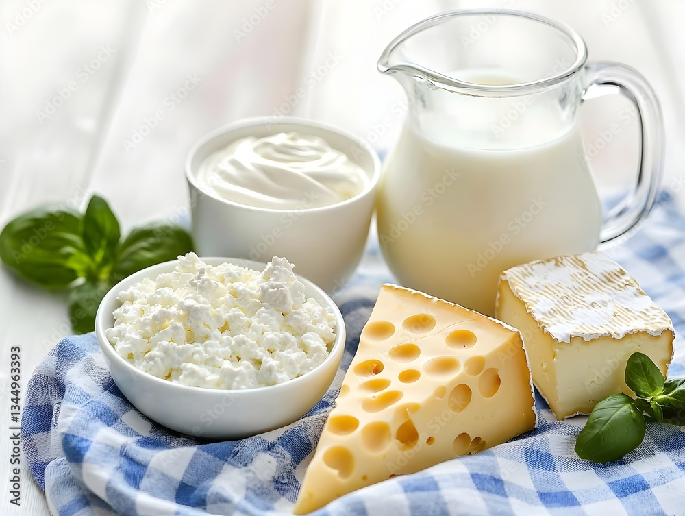 Photo of a Fresh Dairy Product Assortment on a Table Photo of a Fresh Dairy Product Assortment on a Table