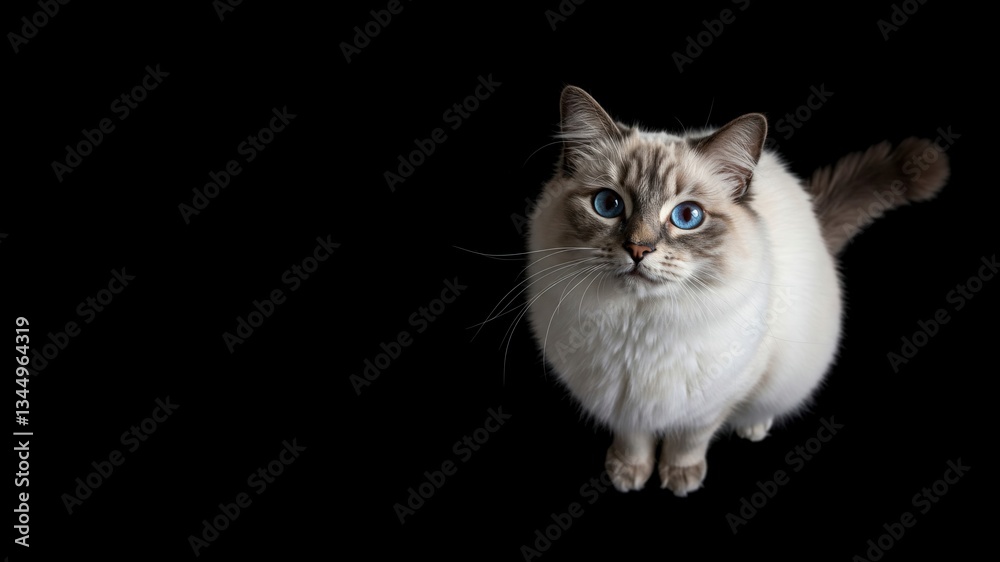 Elegant white cat with blue eyes on a black background. Majestic pet portrait. High contrast, studio shot. Ideal for pet lovers.
Elegant white cat with blue eyes on a black background. Majestic pet portrait. High contrast, studio shot. Ideal for pet lovers.