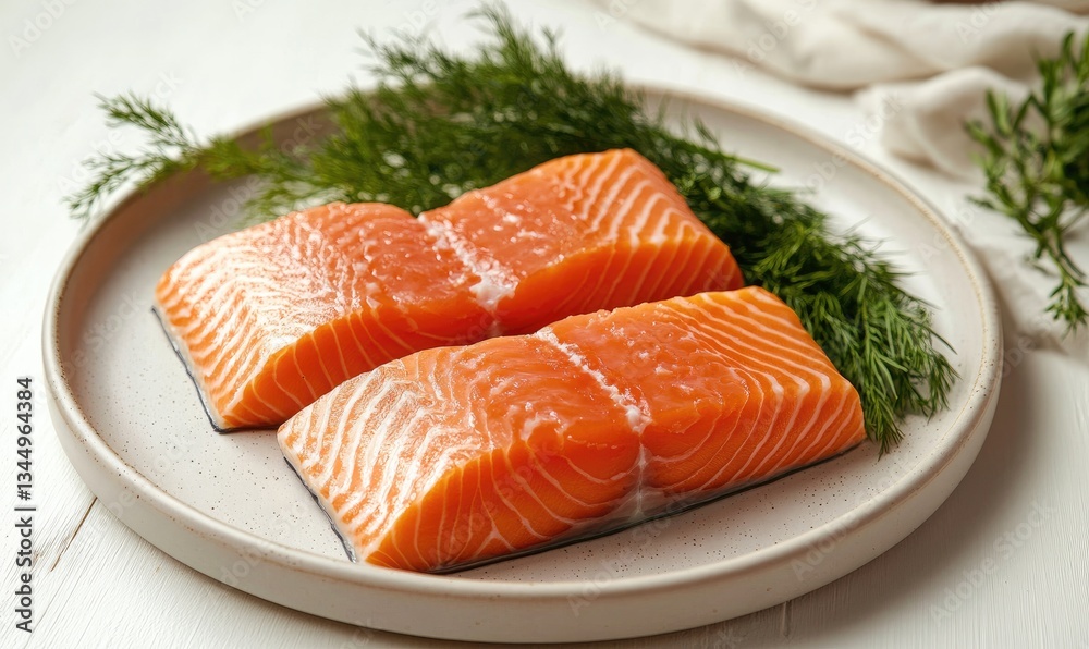 Fresh salmon fillets on a plate with dill Fresh salmon fillets on a plate with dill