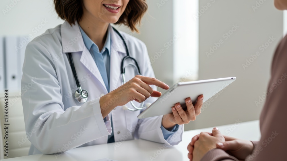 Hispanic female doctor consulting with patient in medical office, using tablet to provide health advice Focus on communication, diversity, and healthcare