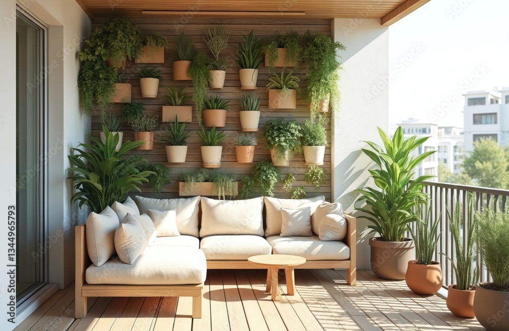 Obraz premium Modern balcony sitting area with wooden furniture, decorated with green plants on wall. Lounge zone with sofa, coffee table, patio, terrace. Stylish apartment outdoor space in hotel living room.