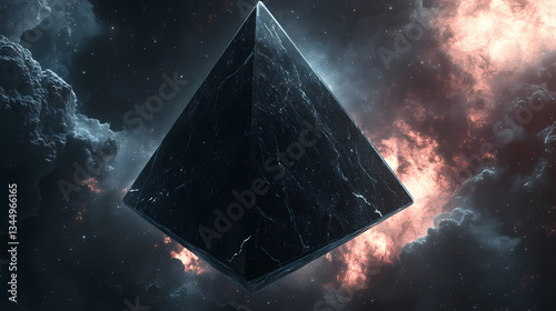 A glossy black marble diamond-shaped pyramid hovers in the vastness of space questioning where do we come from. Glossy Void. Illustration