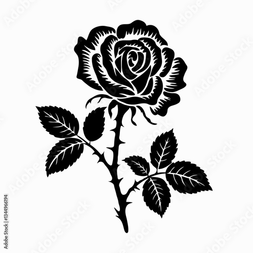 Set of decorative rose with leaves. Flower silhoutte. Vector illustration
