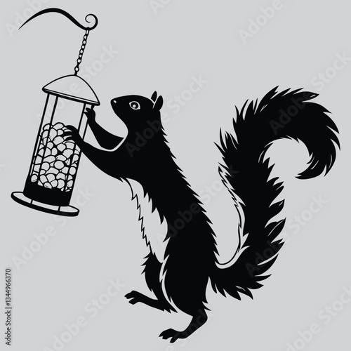 a squirrel jumping onto a bird feeder silhouette vector design art and illustration