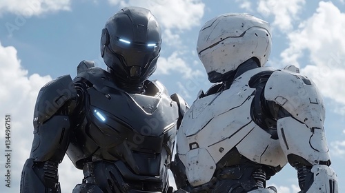 Black and White Robots in Futuristic Armor Against a Bright Sky
