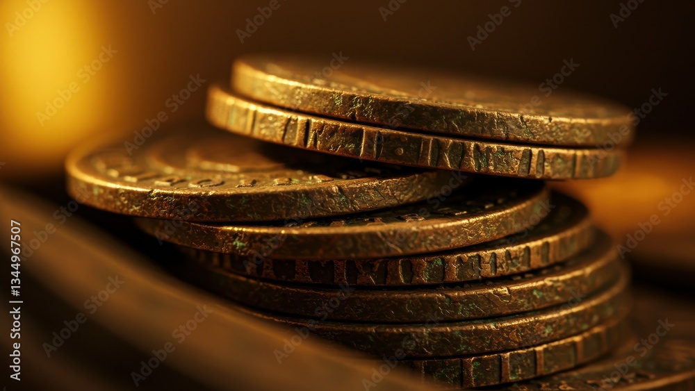 Close up of stacked gold coins with warm lighting Coins exhibit intricate designs and textures emphasizing wealth and finance Suitable for business or finance themes