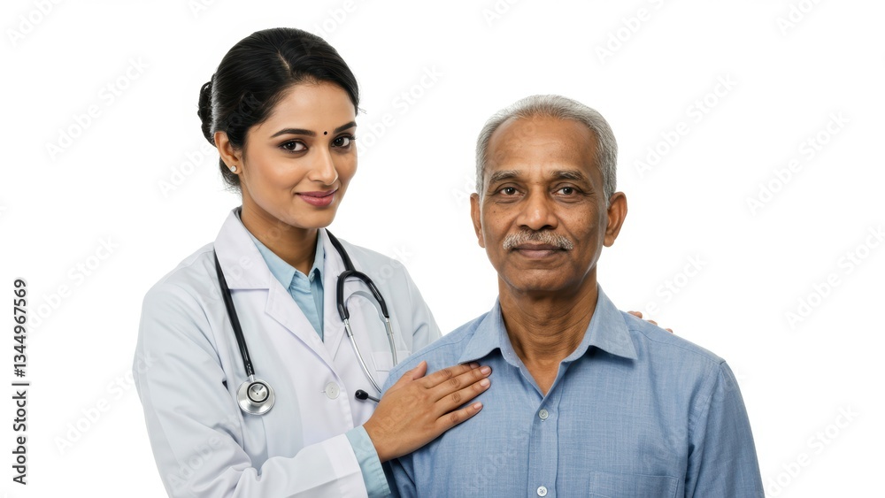 Indian doctor smiles with senior man in healthcare setting Trust and support in clinical environment Focus on wellness and positive interaction Indian doctor smiles with senior man in healthcare setting Trust and support in clinical environment Focus on wellness and positive interaction