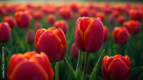 Vibrant red and orange tulips blooming in a lush green field under bright sunlight Captures the beauty of spring and nature