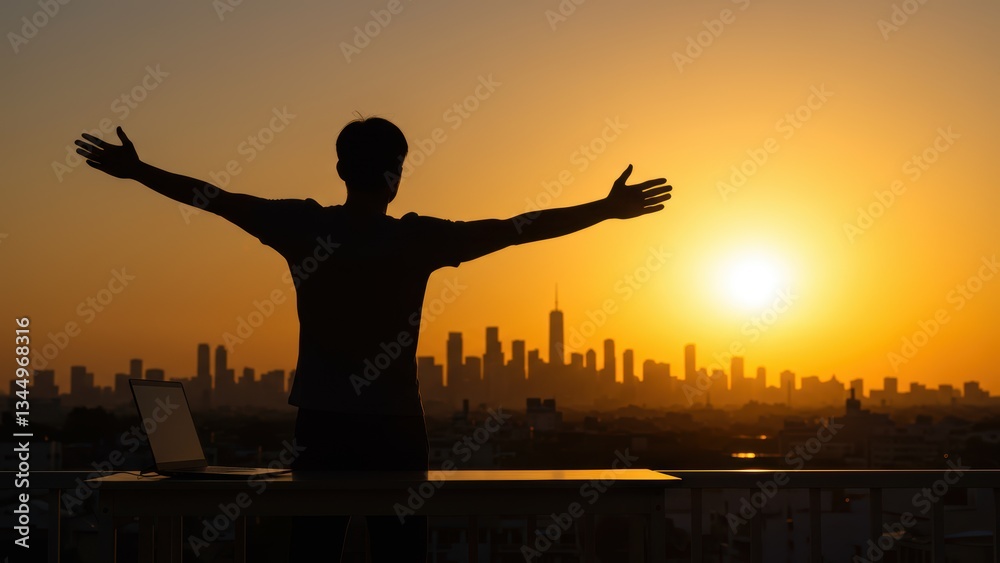 Asian man stands with arms outstretched against urban skyline at sunset Represents freedom, self discovery, personal growth, and optimism