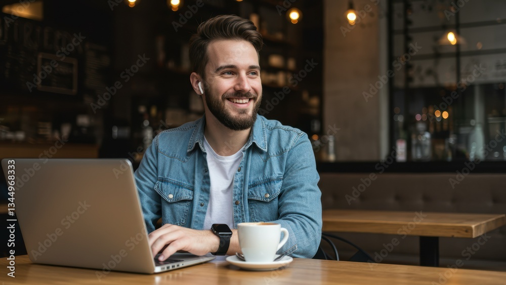 Young man working on laptop in Barista cafe, smiling with coffee cup Modern workspace highlighting remote work and youth culture Young man working on laptop in Barista cafe, smiling with coffee cup Modern workspace highlighting remote work and youth culture