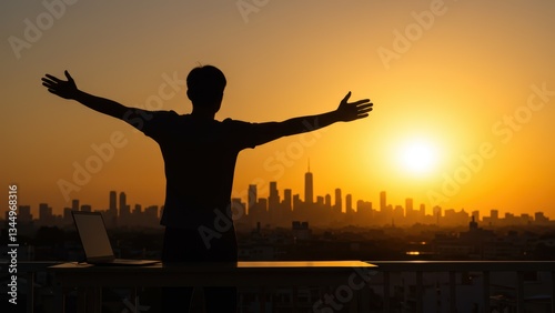 Obraz na płótnie Asian man stands with arms outstretched against urban skyline at sunset Represents freedom, self discovery, personal growth, and optimism w salonie