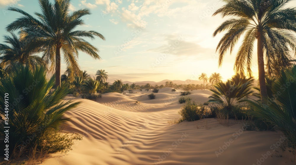 Oasis sunset, sand dunes, palm trees, desert landscape, travel background Oasis sunset, sand dunes, palm trees, desert landscape, travel background