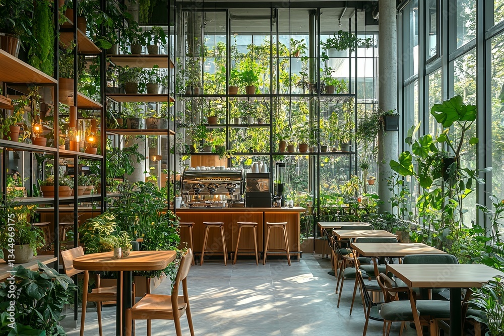 A cafe interior surrounded by lush plants and natural light beaming A cafe interior surrounded by lush plants and natural light beaming