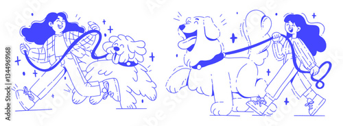 Dog Walking Illustration Set. Happy Woman Walking Dogs on a Leash, Fun Pet Care Service, Modern Flat Line Art Vector for Social Media, Branding, Advertising