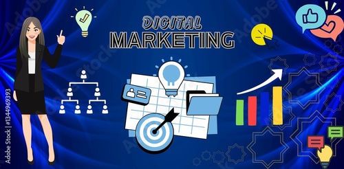 Digital Marketing Targeting Concept  Professional Premium Banner Icon Background. Premium Digital Marketing Icon Concept. Woman, Graphic, E-Business,  Audit, Management, Strategy, Top View, Finance