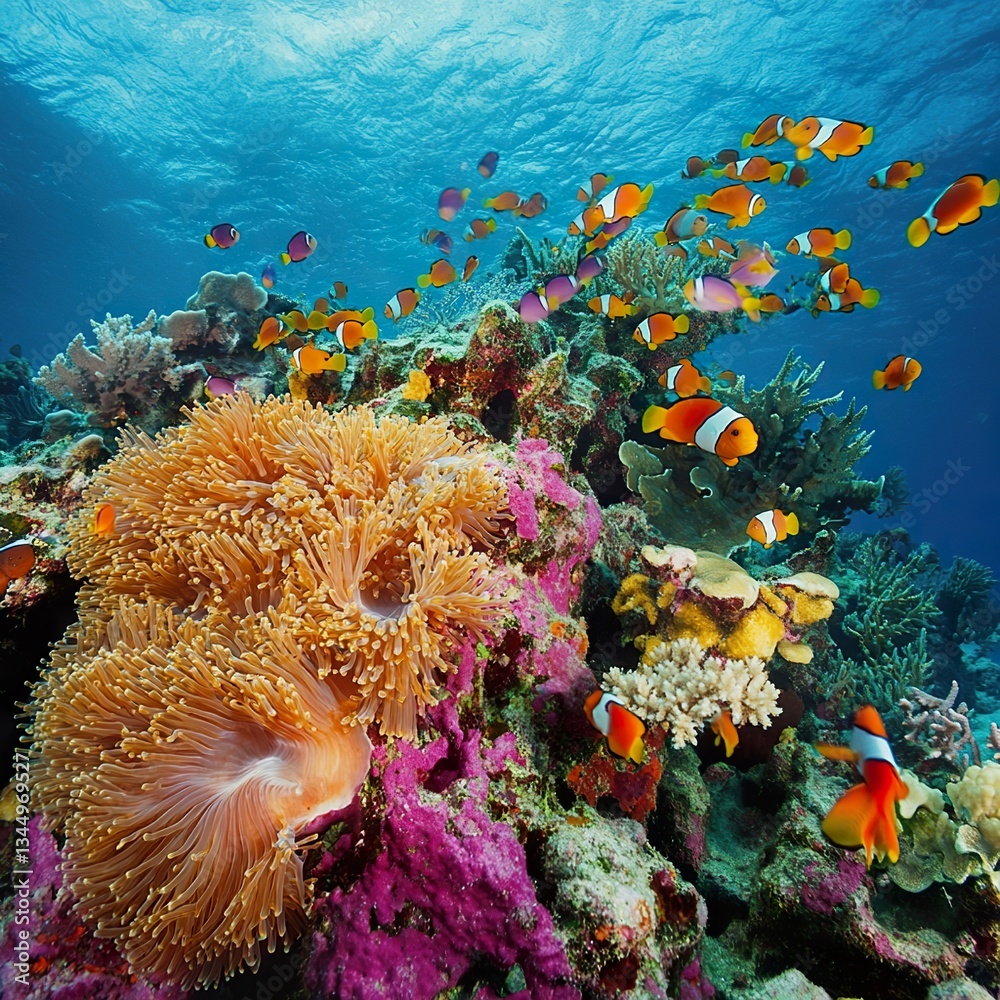 Fototapeta premium A vibrant coral reef teeming with marine life, with a school of clownfish swimming among the colorful corals and clear turquoise waters.