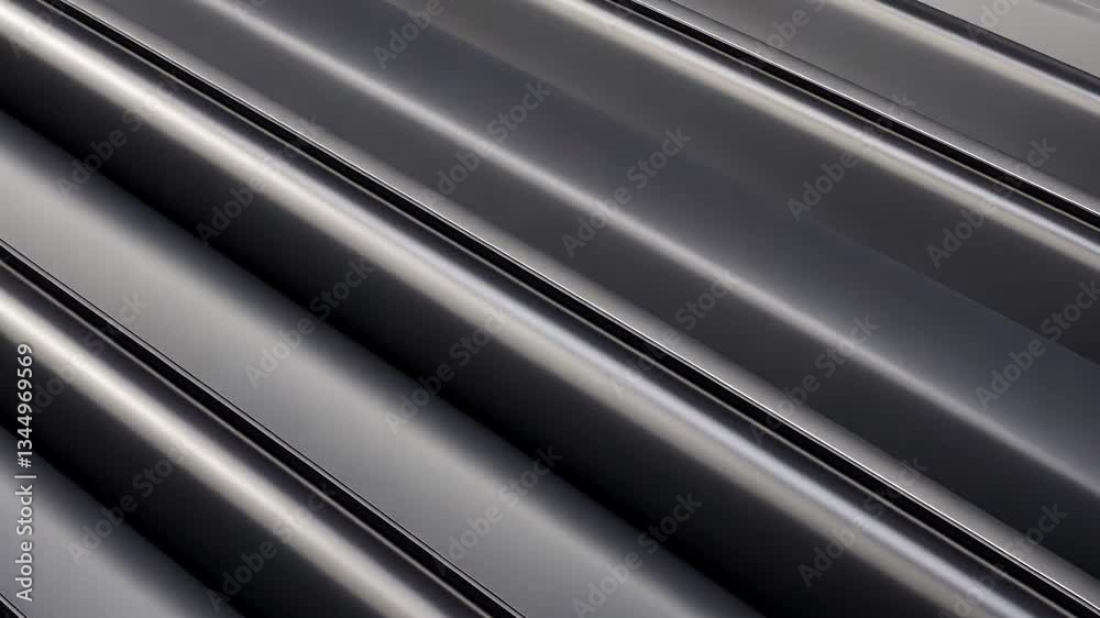 Abstract metal tubes.  A close-up view of many parallel, sleek, dark gray metal tubes angled diagonally. The surface has a smooth, polished finish