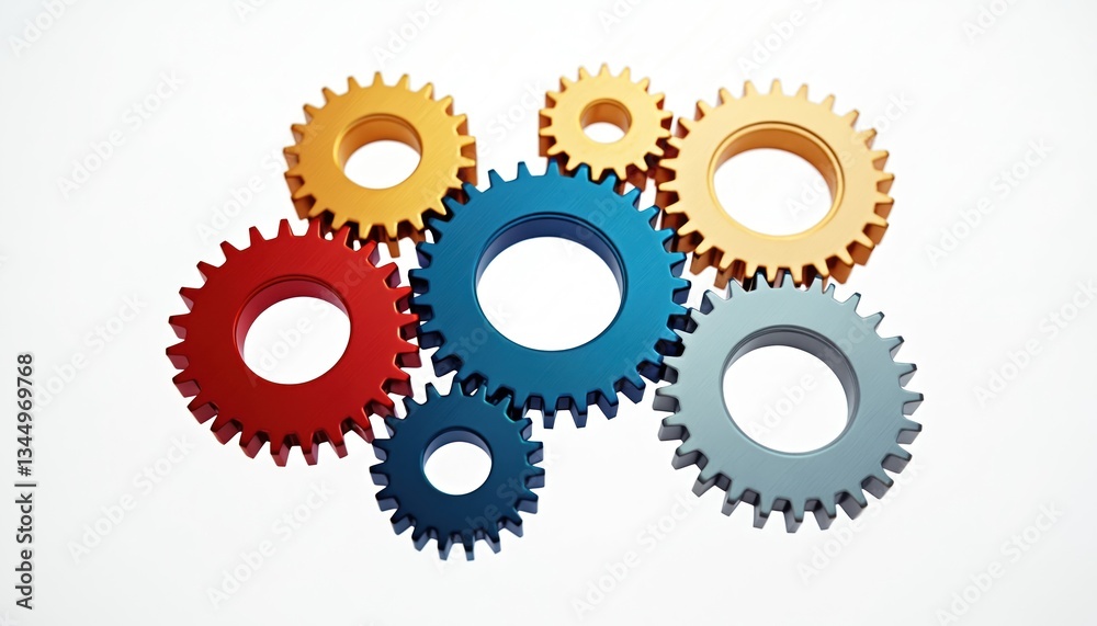 Interlocking cogwheels of red, golden, blue, grey colors on white background. Mechanism teamwork, collaboration, business processes. Represents business workflow automation, connection, efficiency, Interlocking cogwheels of red, golden, blue, grey colors on white background. Mechanism teamwork, collaboration, business processes. Represents business workflow automation, connection, efficiency,