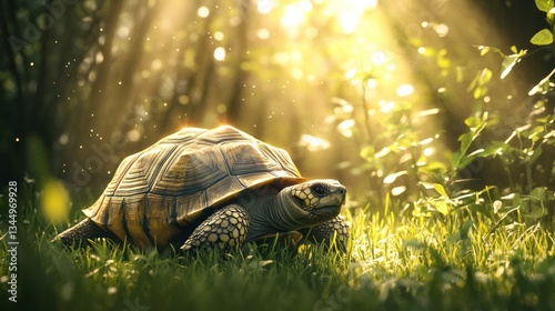 Turtle in sunlit forest clearing