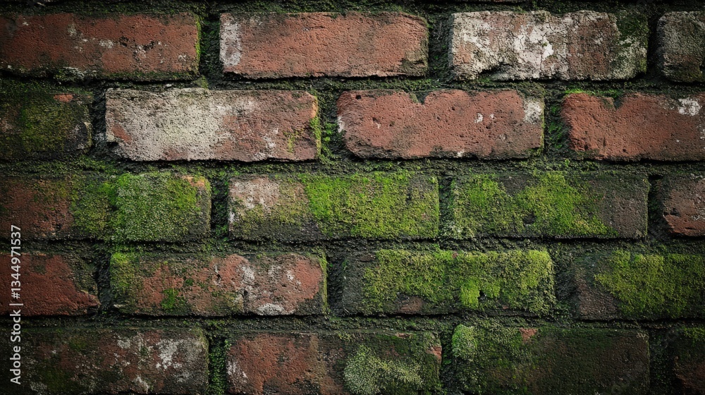 Textured Old Brick Wall with Green Moss and Algae Growth in Urban Environment Textured Old Brick Wall with Green Moss and Algae Growth in Urban Environment
