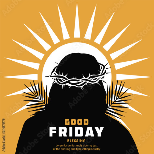 Good Friday Jesus Silhouette with Crown of Thorns and Sunburst Vector
