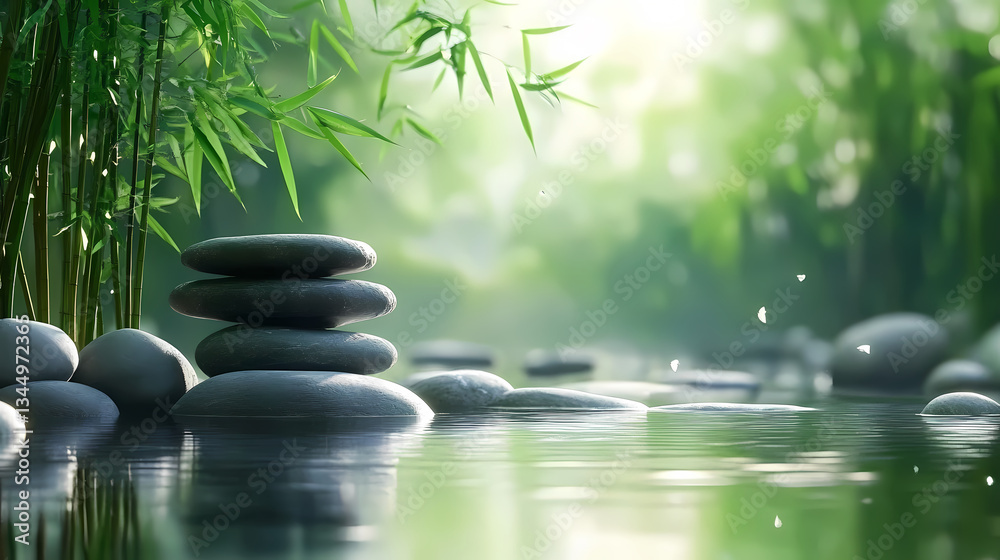 Tranquil Bamboo and Stones Reflecting in Water with Greenery