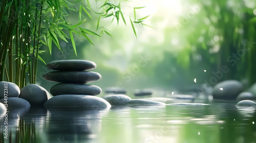 Obraz na płótnie Tranquil Bamboo and Stones Reflecting in Water with Greenery w salonie
