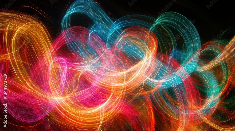 Obraz premium Colorful light trails create abstract, swirling patterns on a black background. Use as a background for graphics, to express energy, or add visual interest.