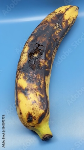 A single overripe banana on a plain blue background photo