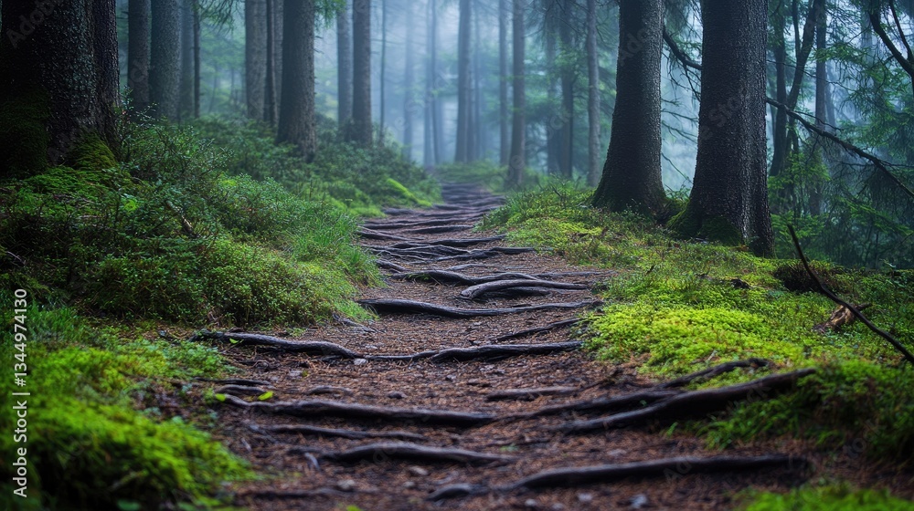 Fototapeta premium Serene Forest Pathway with Misty Atmosphere and Exposed Tree Roots in Lush Green Landscape