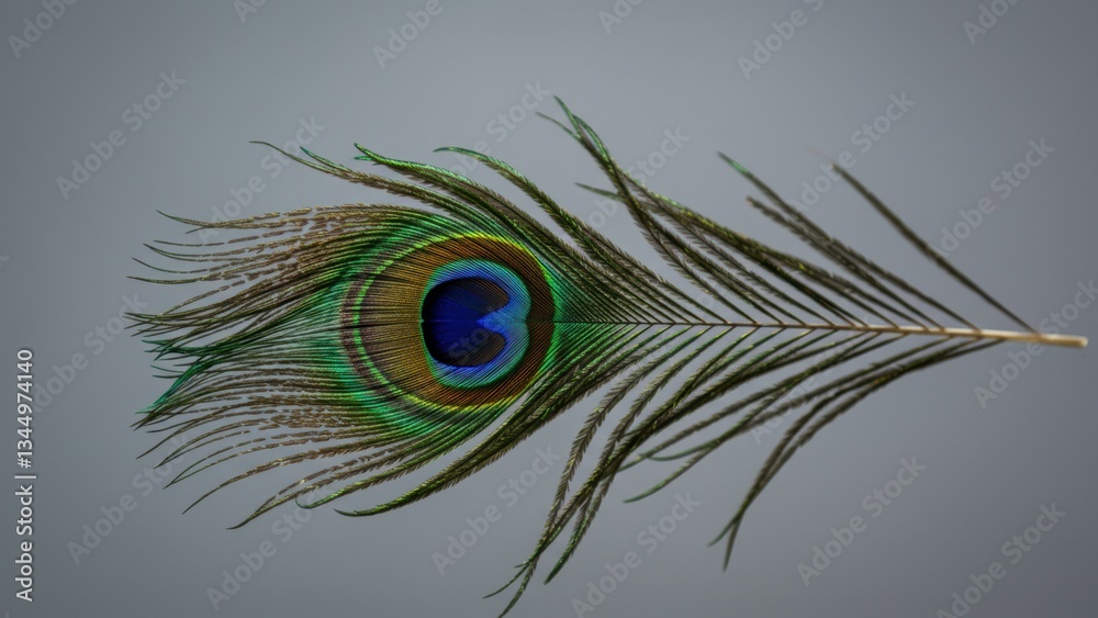 Obraz premium Close up of an elegant peacock feather showcasing vibrant green and blue colors, featuring distinct eyespots Ideal for nature themes, decoration, and inspiration