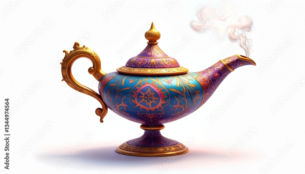 Fototapeta premium Aladdins magic lamp on white background. Arabian nights fantasy illustration of genie lamp with smoke. Decorative visual design with golden handle, arabesque ornament, for wishes, story concepts.