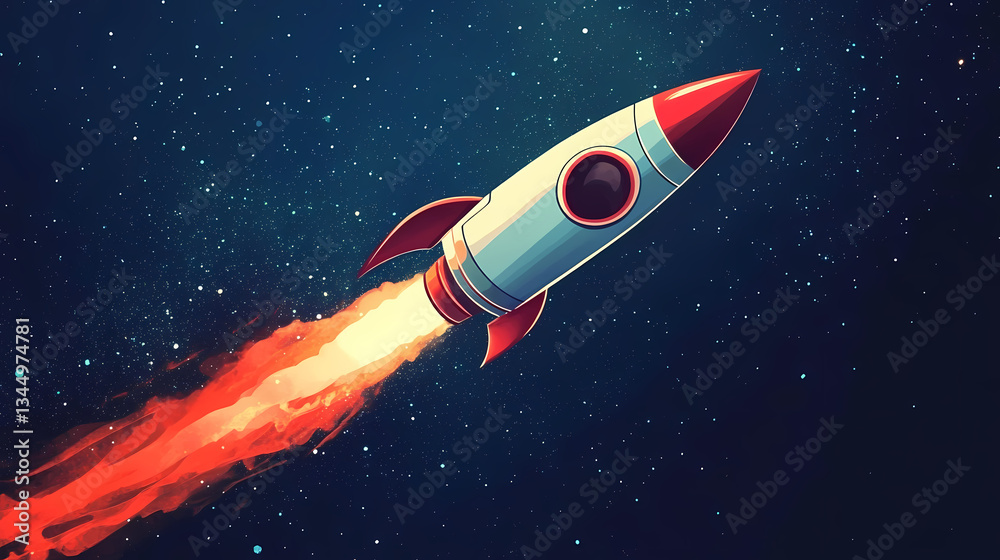Rocket Flying Through Space with Red Flames and Blue Tail