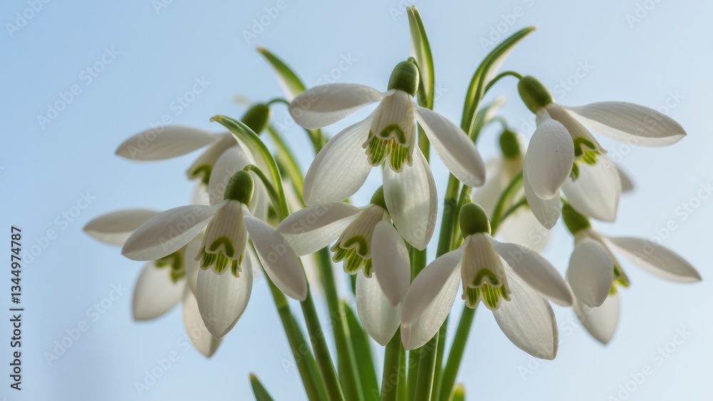 White snowdrop flowers with delicate blooms and green leaves in natural light Emphasis on beauty of spring, nature, and environmental themes White snowdrop flowers with delicate blooms and green leaves in natural light Emphasis on beauty of spring, nature, and environmental themes