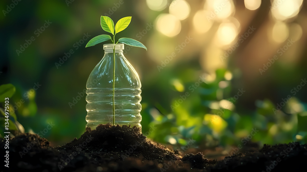 Plant Growing in Transparent Plastic Bottle with Golden Light