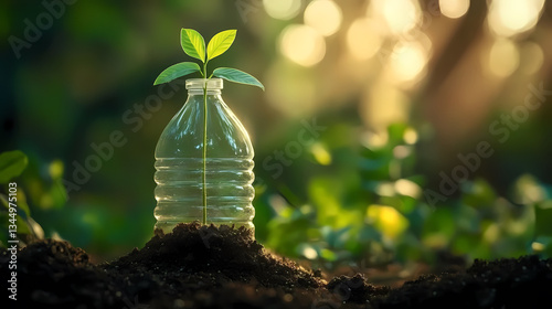 Obraz na płótnie Plant Growing in Transparent Plastic Bottle with Golden Light w salonie