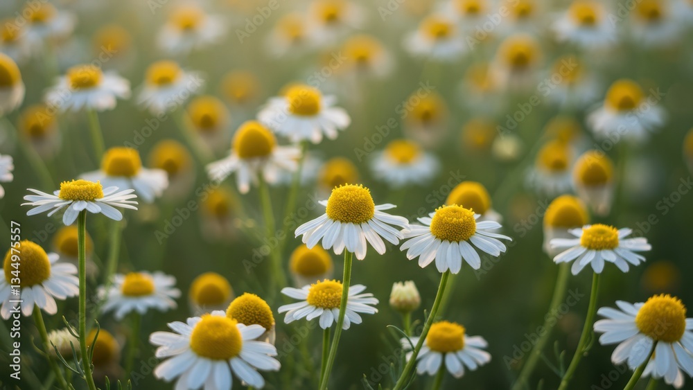 Field of blooming daisies with yellow centers and white petals under soft sunlight Represents beauty of nature, summer vibes, and tranquility Field of blooming daisies with yellow centers and white petals under soft sunlight Represents beauty of nature, summer vibes, and tranquility