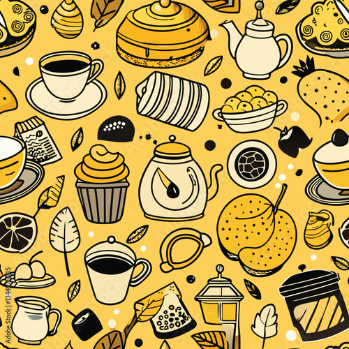 A Bountiful Breakfast Spread of Tea, Coffee, Preserves, Croissants, and Pancakes with a Slice of Lemon