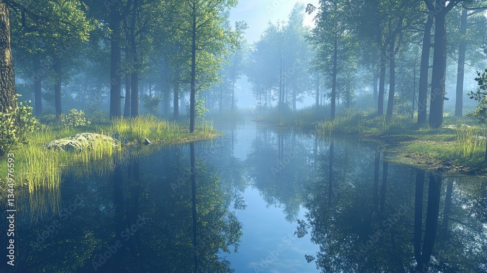 Fototapeta premium Tranquil Forest Scene with Misty Water Reflection and Lush Green Trees in a Serene Natural Setting