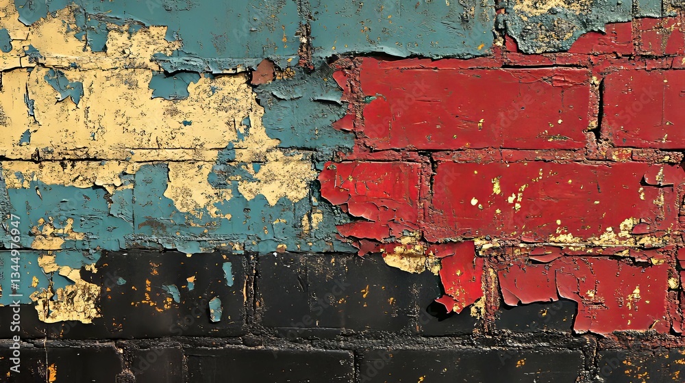 Fototapeta premium A multi colored brick wall with peeling and decaying paint
