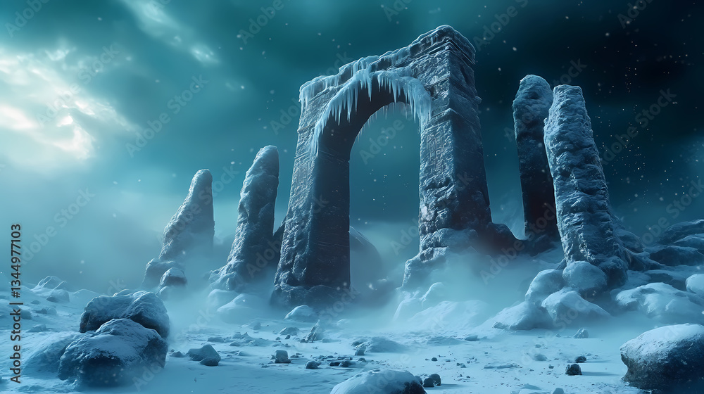 Ancient Stone Archway Covered in Snow with Icicles