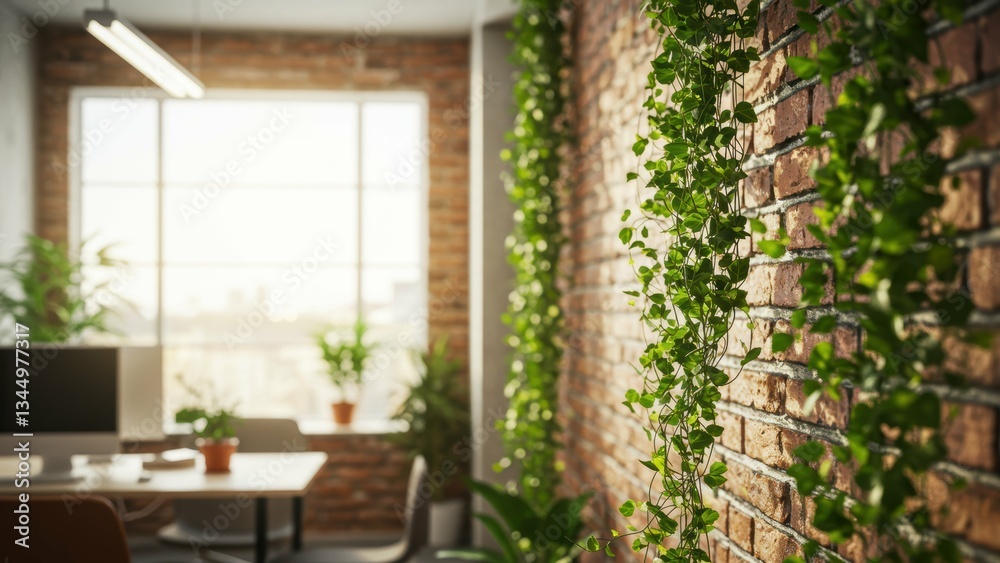 Modern office with indoor plants and natural light Features brick wall, potted plants, and bright atmosphere promoting creativity and sustainability Modern office with indoor plants and natural light Features brick wall, potted plants, and bright atmosphere promoting creativity and sustainability