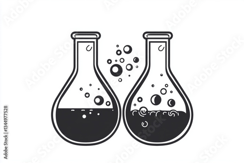 Two flasks with liquid and bubbles in black and white