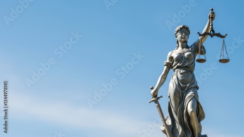 Lady Justice statue holding scales and sword outdoors against blue sky representing law, equity, justice system, and moral values