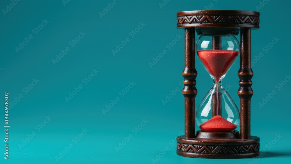 Hourglass with red sand and wooden frame sits against aquamarine background Represents time management, vintage decor, and life lessons