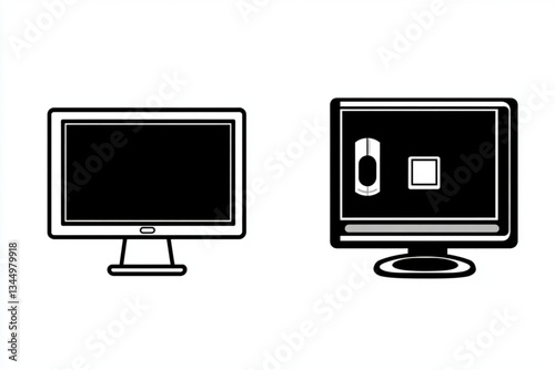 Two computer monitors displayed in black and white style