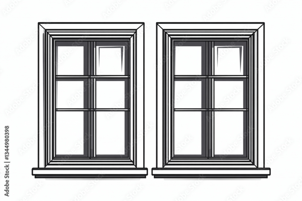 Two windows with six panes each in black and white art Two windows with six panes each in black and white art